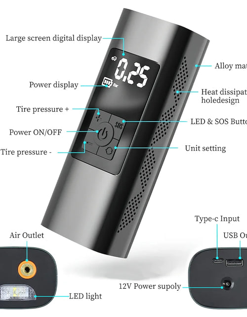 Load image into Gallery viewer, Tire Inflator, Portable 150 PSI Air Compressor Bicycle Pump with Digital Pressure Gauge, Cordless Rechargeable Tire Pump with LED Light, Mini Electric Air Pump for Car Bike Motorcycle Ball
