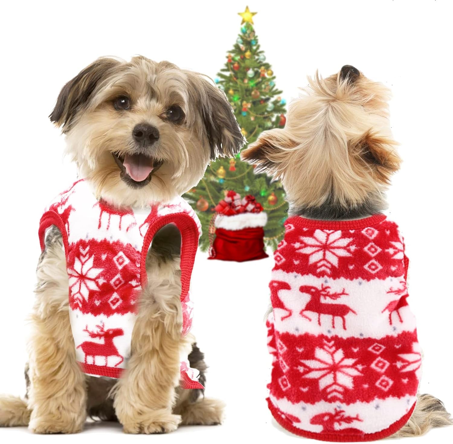 Small Dog Pet Cat Christmas Costume Sweater, Pet Supplies Costume Xmas Clothes Dog Jumpers Snowflake Elk Pattern Christmas Outfits for Dogs Puppy Kitten Cats (Large, Red Snowflake)