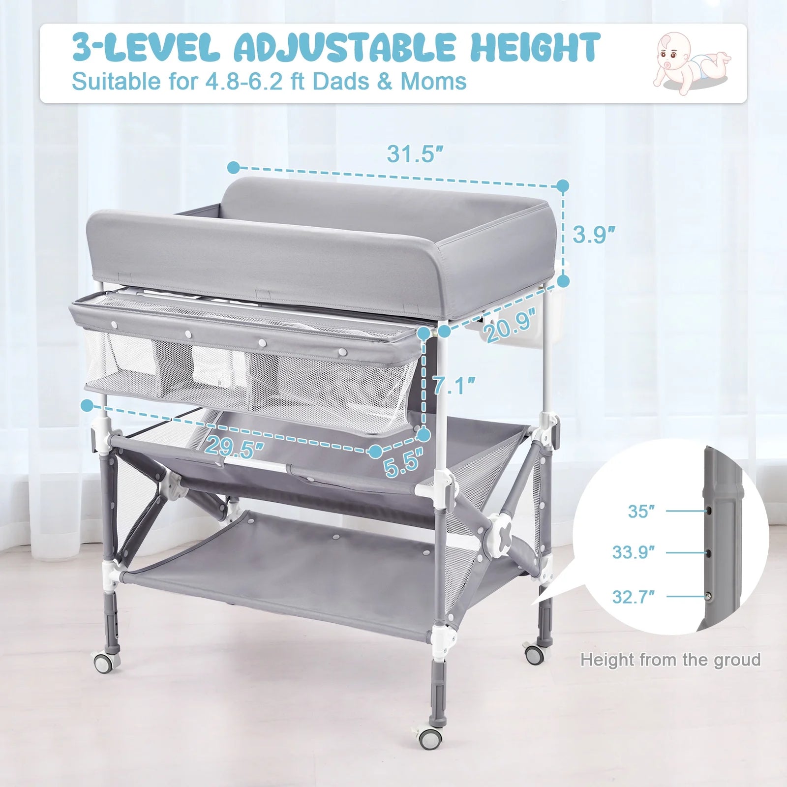 Portable Baby Changing Table with Wheels,Adjustable Height ,Foldable Diaper Change Table with Cleaning Bucket , Nursery Organizer & 2 Tier Storage Rack, Infant Newborn Mobile Nursery Organizer