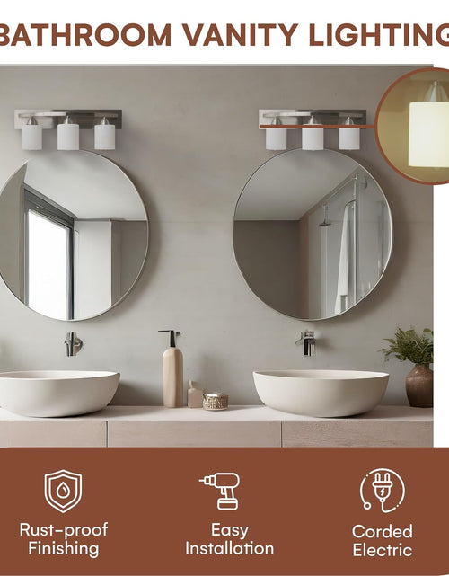 Load image into Gallery viewer, | Bathroom Vanity Light Bar | Interior Bathroom Lighting Fixtures with Modern Glass Shade | Bathroom Lights over Mirror | (Brushed Nickel, 3 Lights, E26 100W LED, Bulbs Not Included)
