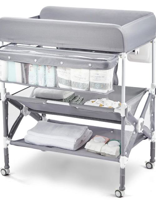 Load image into Gallery viewer, Portable Baby Changing Table with Wheels,Adjustable Height ,Foldable Diaper Change Table with Cleaning Bucket , Nursery Organizer &amp; 2 Tier Storage Rack, Infant Newborn Mobile Nursery Organizer
